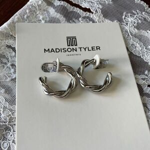 Madison Tyler silver Twist C Hoop Earrings Chunky Braided Open Hoops New Pouch
